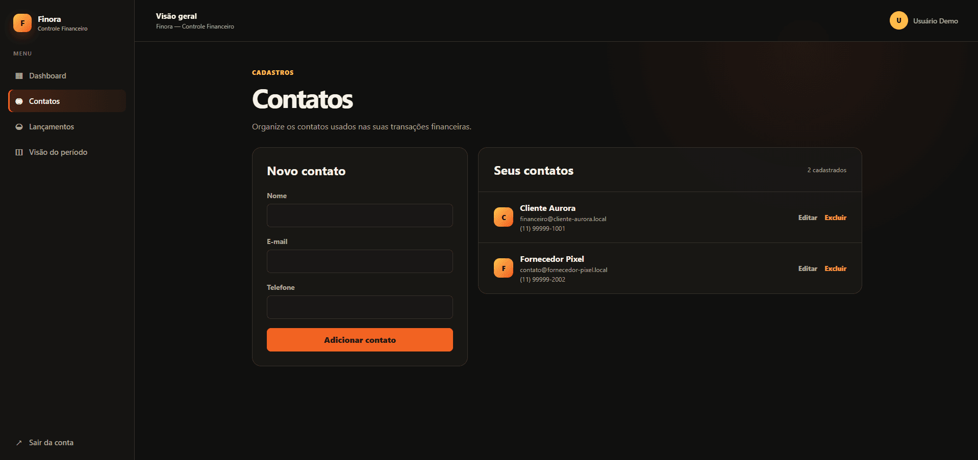 Tela de contatos do Finora com cadastro de clientes e fornecedores