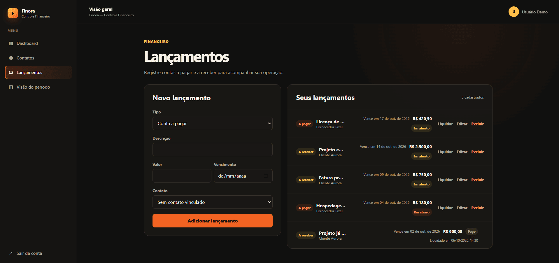 Tela de lançamentos do Finora com contas a pagar e receber, status, vencimentos e contatos vinculados